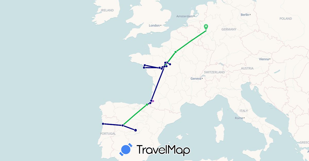 TravelMap itinerary: driving, bus, train in Germany, Spain, France, Portugal (Europe)